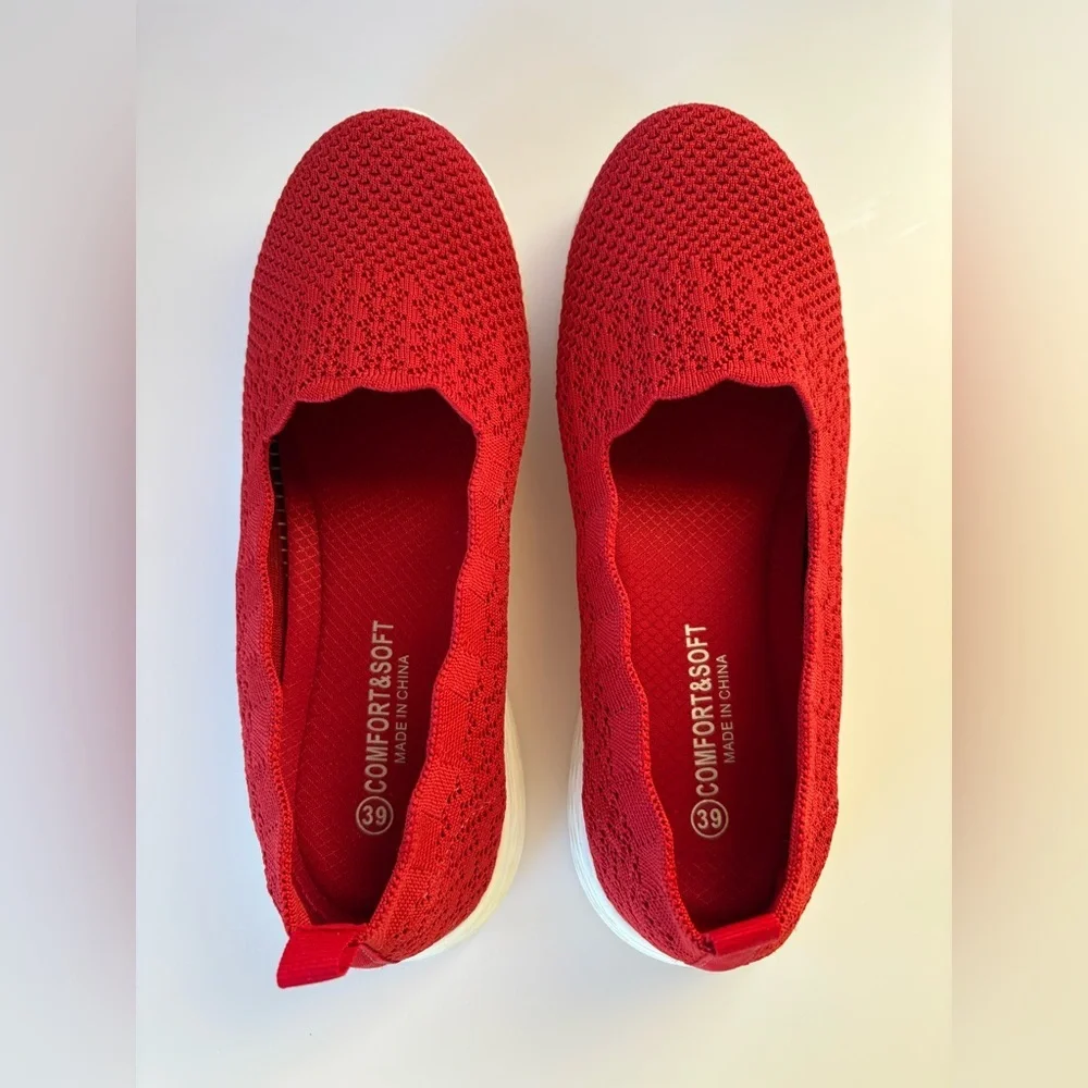 Puxowe Red Women’s Casual Knit Slip-On Walking Loafer with White Soles-Size 8.5